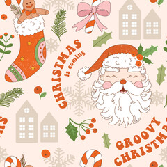 Christmas retro seamless pattern with groovy Santa Claus, smile face, holly, stocking, spruce, slogan text and abstract elements. Vintage vector for winter holidays wrapping paper, packaging etc.