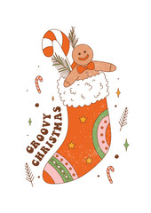 Retro greeting card with Christmas stocking and gifts. Gingerbread man cookie, candy cane and sock in 70s style. Vintage typography Groovy Christmas. Vector illustration for postcard, invitation etc.