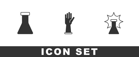 Set Test tube and flask, Medical rubber gloves and Chemical explosion icon. Vector