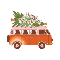Christmas retro greeting card with hippie van and spruce. Groovy truck with lettering quote in 70s style. Happy typography Merry Christmas. Vector illustration for postcard, invitation, sticker etc.