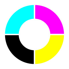 Obraz premium CMYK color wheel. Printing process colors, Cyan, Magenta, Yellow, Key. Pie chart, diagram. Filled circle, no stroke. Isolated png illustration, transparent background.