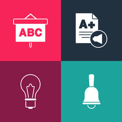Set pop art Ringing bell, Light bulb with idea, Exam sheet A plus grade and Chalkboard icon. Vector