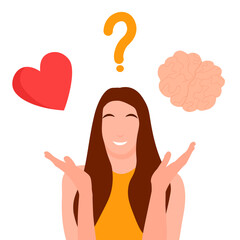 Flat vector illustration dilemma concept, love or brain making choice, cartoon isolated young woman with question mark.