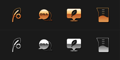 Set Leaf or leaves, DNA symbol, Location with leaf and Laboratory glassware beaker icon. Vector