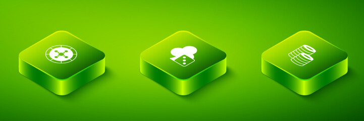 Set Isometric Game dice, Casino chips and roulette wheel icon. Vector