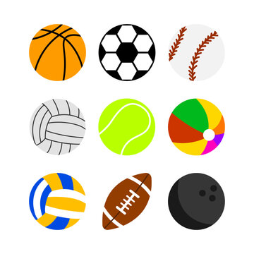 Sport ball icon set isolated on white background. Cartoon vector doodle  exercise game equipment.