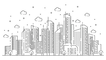 Fototapeta premium Urban illustration with tall buildings in thin line style