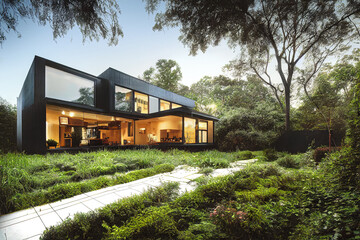 Modern luxury residential house with green garden