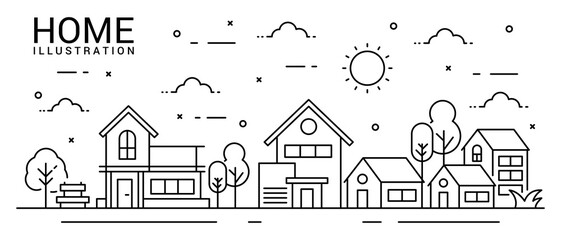Home illustration in line style with tree