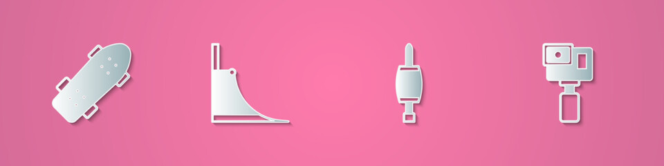 Set paper cut Skateboard, park, Screwdriver and Action camera icon. Paper art style. Vector