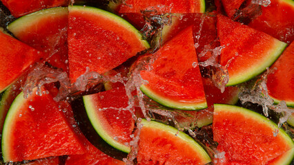 Freeze Motion Shot of Splashing Fresh Water Melon, Close-up.