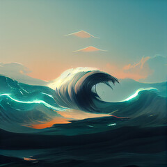A illustration of a tsunami wave rolling to the cost