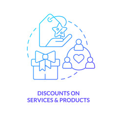 Discounts on services and products blue gradient concept icon. Partnership loyalty program abstract idea thin line illustration. Isolated outline drawing. Myriad Pro-Bold font used