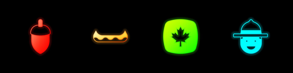 Set Acorn, Kayak, Canadian maple leaf and ranger hat icon. Vector