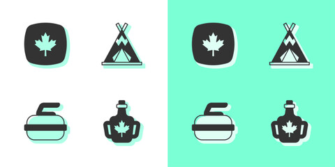 Set Bottle of maple syrup, Canadian leaf, Stone for curling and Indian teepee wigwam icon. Vector © Kostiantyn