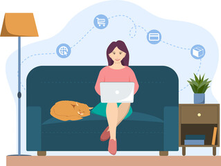 online shopping process from home with icons representing the process: Internet browsing, shopping cart, payment and delivery of the product