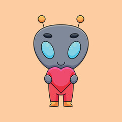 cute alien holding love hearth cartoon mascot doodle art hand drawn concept vector kawaii icon illustration