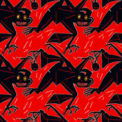 Colorful graffiti style seamless pattern with abstract doodles, creepy vampire bats, red and black, street art, 3D illustration - obrazy, fototapety, plakaty