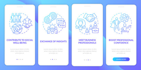 Networking to growth blue gradient onboarding mobile app screen. Improve skills walkthrough 4 steps graphic instructions with linear concepts. UI, UX, GUI template. Myriad Pro-Bold, Regular fonts used