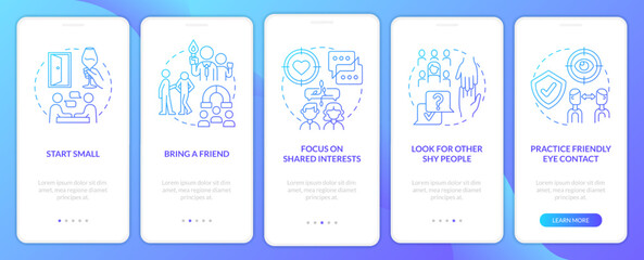 Networking tips for introverts blue gradient onboarding mobile app screen. Walkthrough 5 steps graphic instructions with linear concepts. UI, UX, GUI template. Myriad Pro-Bold, Regular fonts used