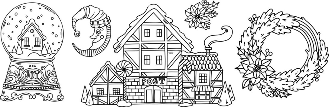 Christmas snow globe, house and wreath coloring page