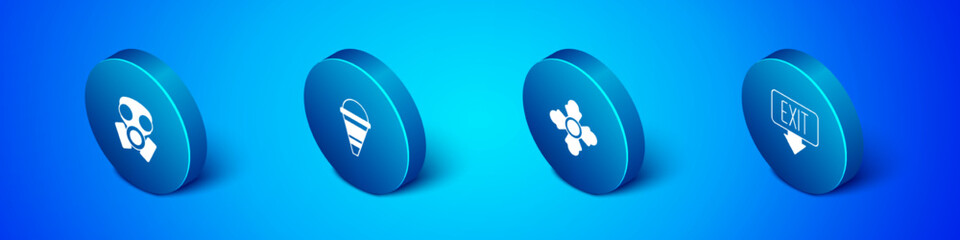 Set Isometric Gas mask, Firefighter, exit and cone bucket icon. Vector