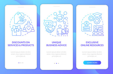 Business community profits blue gradient onboarding mobile app screen. Walkthrough 3 steps graphic instructions with linear concepts. UI, UX, GUI template. Myriad Pro-Bold, Regular fonts used