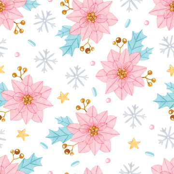 Pink poinsettia with golden berries and snowflakes watercolor Christmas seamless pattern 