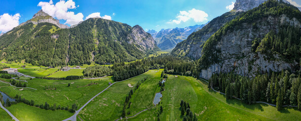 Drone view at the golf course of Engelberg in the Swiss alps