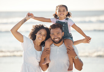 Travel, summer and family beach portrait with child and parents on peaceful vacation break. Happy...
