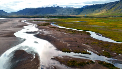 Iceland. Aerial view on mountains, fields and rivers. Landscape in Iceland