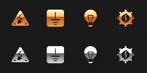 Set High voltage, Electrical symbol ground, Creative lamp light idea and Gear and lightning icon. Vector