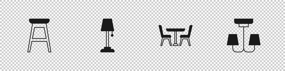 Set Chair, Floor lamp, Table with chair and Chandelier icon. Vector
