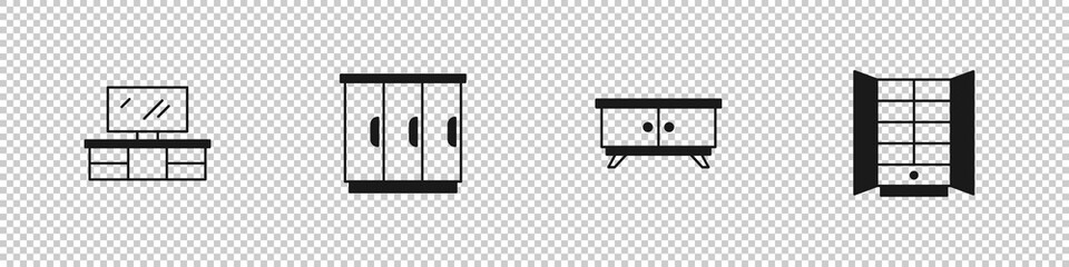 Set TV table stand, Wardrobe, Furniture nightstand and icon. Vector