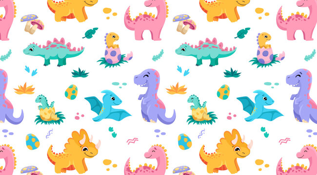 Hand drawn cute dinosaurs background with dinos, Roar signs, footprints, leaves, eggs, baby dinos for clothes, shirt, fabric. Kids violet dino vector illustration