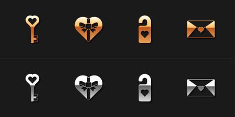 Set Key in heart shape, Candy shaped box, Please do not disturb with and Envelope Valentine icon. Vector