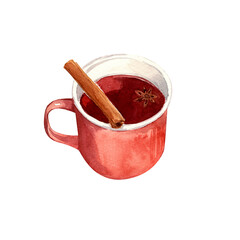 Watercolor illustration of mulled wine isolated on white background. Autumn handmade illustration. Isolated illustrations with no background.