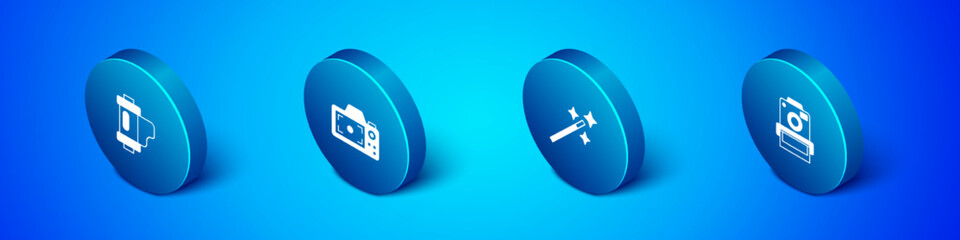 Set Isometric Camera film roll cartridge, Photo retouching, camera and icon. Vector