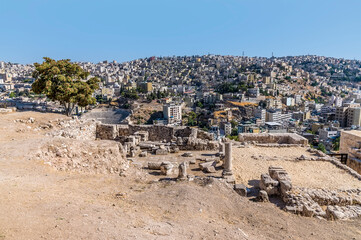 A view over excavations on the southern edge of the citadel in Amman, Jordan in summertime