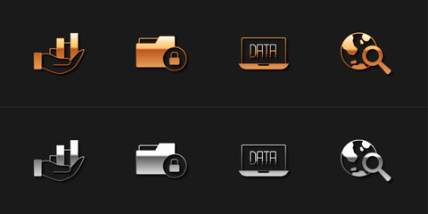 Set Pie chart infographic, Folder and lock, Data analysis and Search globe icon. Vector