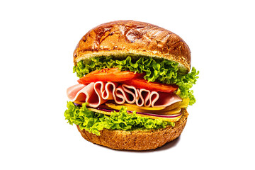Homemade burger with ham isolated on white background. Fresh ingredients, ripe vegetables, fast food
