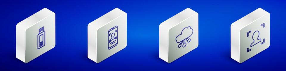 Set Isometric line USB flash drive, Mobile and face recognition, Internet of things and Face icon. Vector