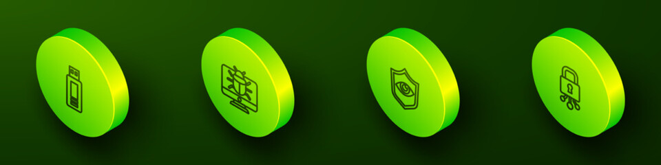 Set Isometric line USB flash drive, System bug on monitor, Shield and eye and Cyber security icon. Vector