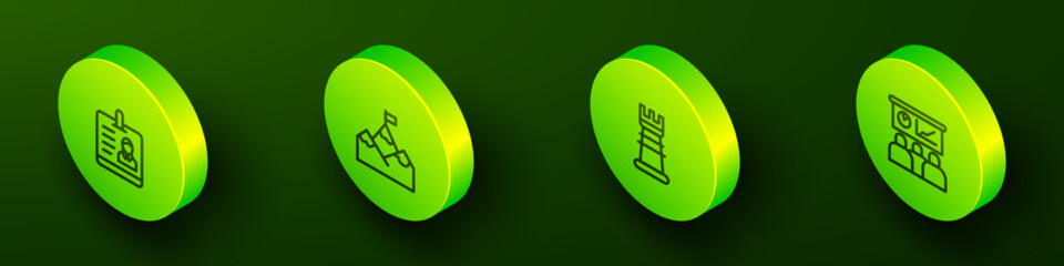 Set Isometric line Identification badge, Mountains with flag, Business strategy and Training, presentation icon. Vector