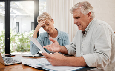 Sad retirement couple, finance debt and anxiety in financial planning, mortgage home loan and paper bills. Stress woman, angry man and senior people pension problem, admin crisis and budget mistake - obrazy, fototapety, plakaty