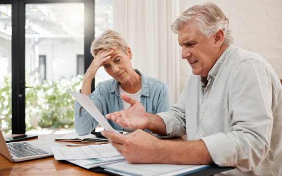Sad retirement couple, finance debt and anxiety in financial planning, mortgage home loan and paper bills. Stress woman, angry man and senior people pension problem, admin crisis and budget mistake