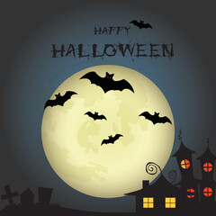Halloween night flying bats on  moonlight background,Flyer or invitation template for Halloween party. Vector illustration.