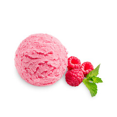 Single scoop of sweet homemade organic berry pink ice cream or sorbet made of raspberry decorated with fresh green mint leaf isolated on white background used as refreshing dessert or healthy snack - obrazy, fototapety, plakaty