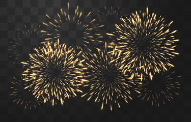 Festive fireworks with brightly shining sparks. New Year's Eve fireworks. Realistic sparks and explosions. Colorful pyrotechnics show. Vector isolated on png background.
