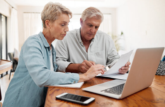 Communication, Discussion And Couple With Paperwork Planning Financial Strategy Budget Plan. Senior Man And Woman With Documents Review Finance Expenses, Retirement Plan Or Mortgage Banking Payment